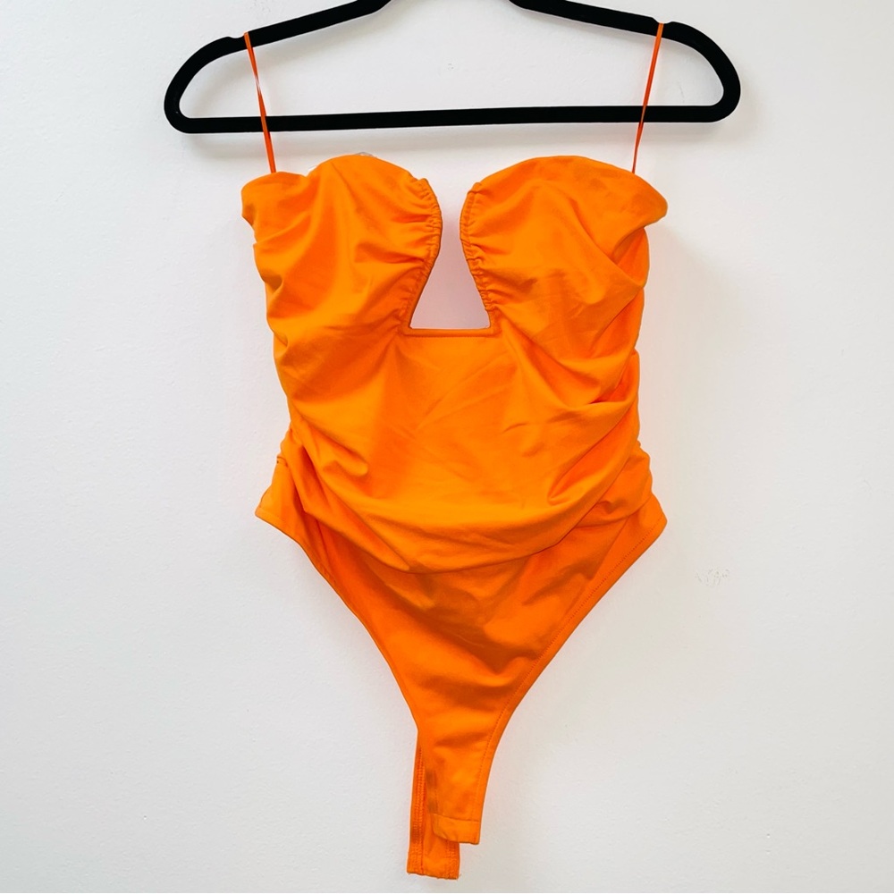ACOA thong strapless plunging neck back zip rouched onepiece swimsuit. SzL
